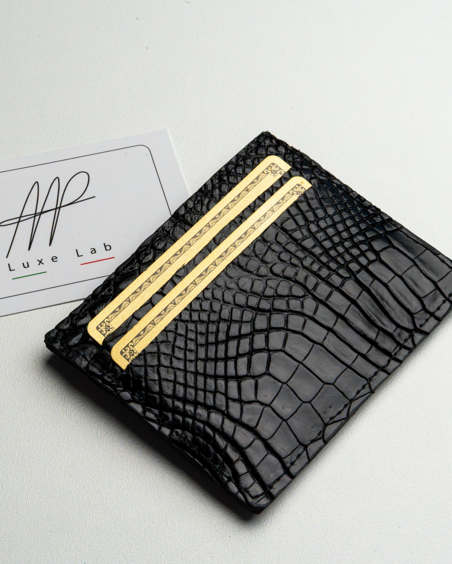 Porta tessere in pelle di alligatore Nero – accessorio elegante e compatto per tessere e banconote
