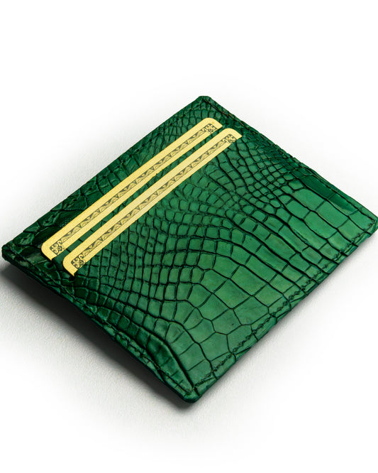 Porta tessere in pelle di alligatore Verde Foresta – elegante e compatto, perfetto per tessere e banconote