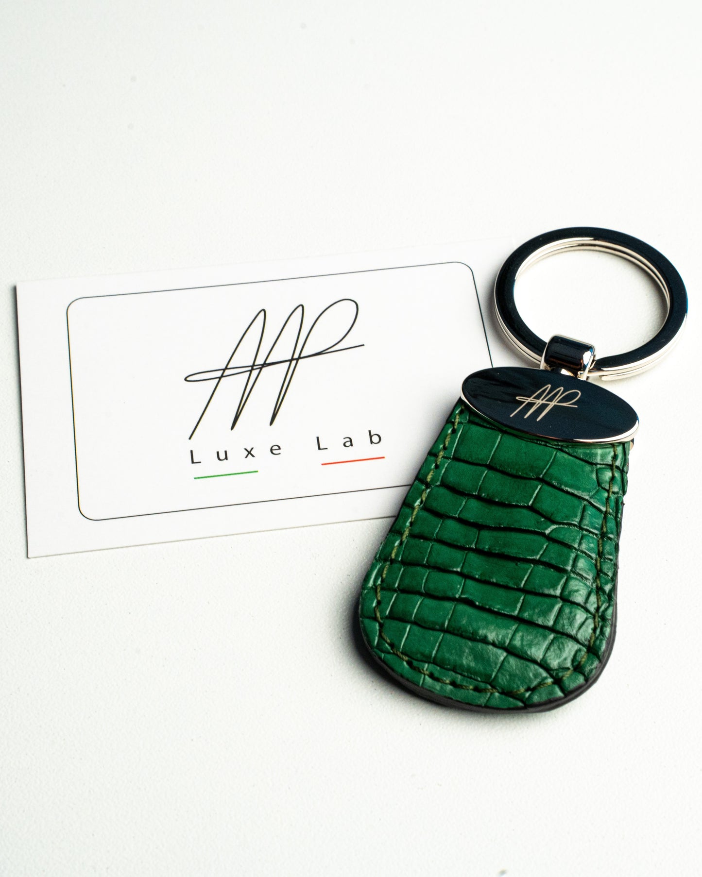 Portachiavi in pelle di alligatore verde, stile Forma a Goccia
