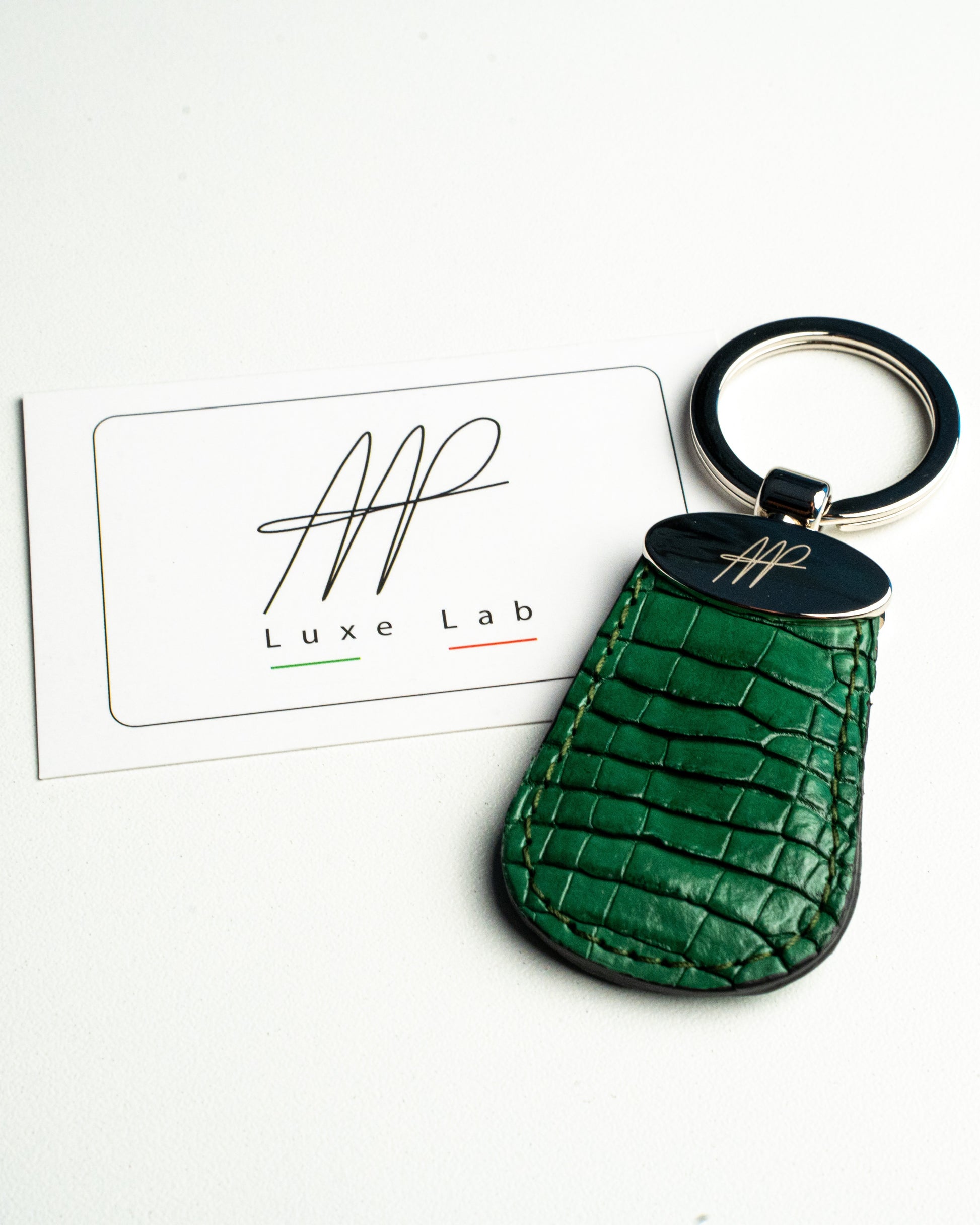 Portachiavi in pelle di alligatore verde, stile Forma a Goccia